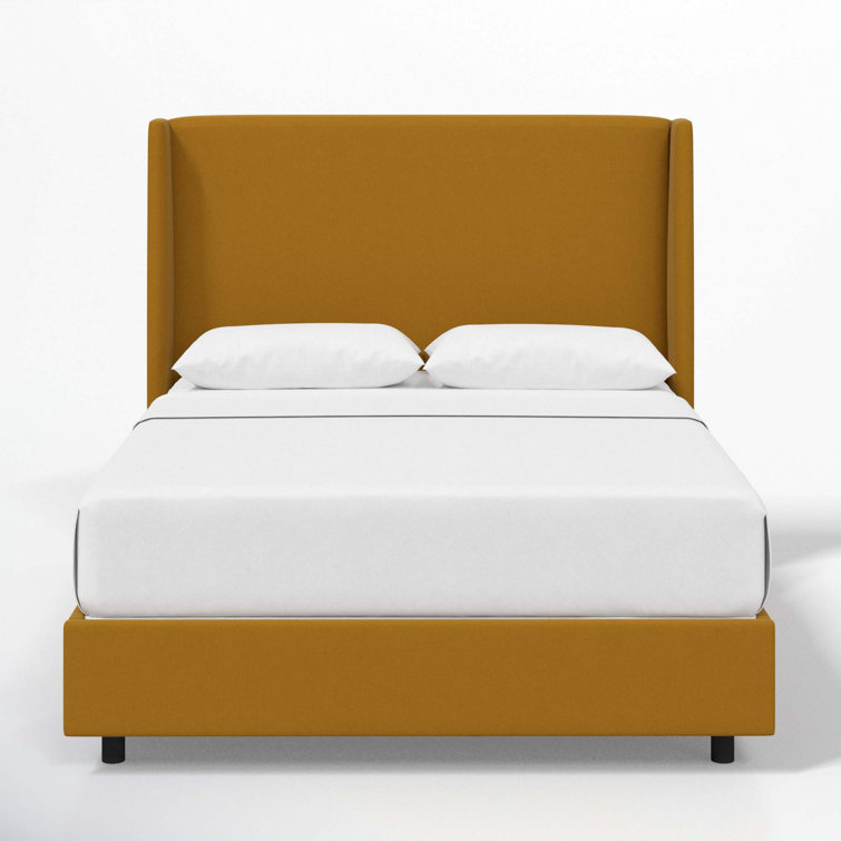 Beige Queen Upholstered Wingback Bed with Wood Frame