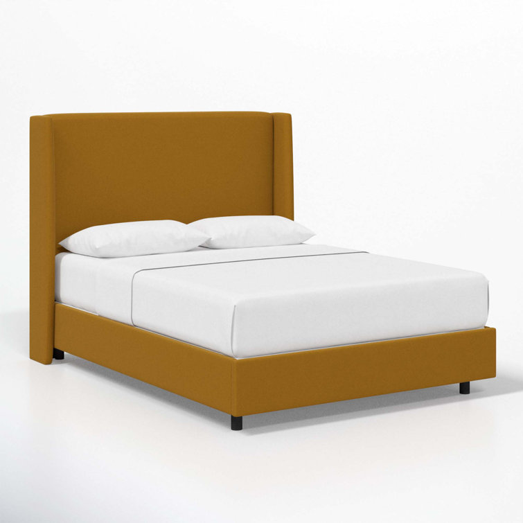 Beige Queen Upholstered Wingback Bed with Wood Frame