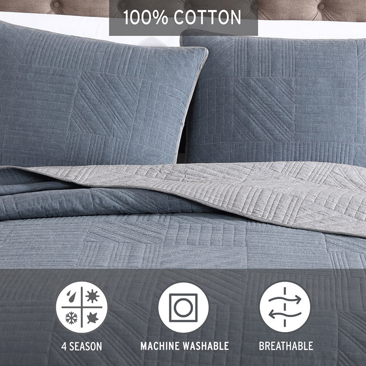 Casual Comfort King Cotton Quilt Set in Washed Denim Blue with Reversible Chrome Gray