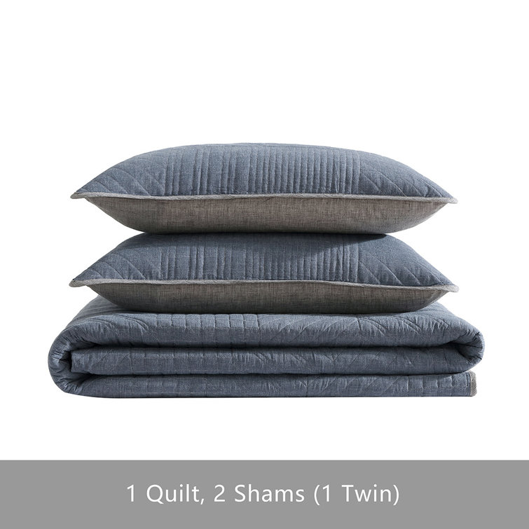 Casual Comfort King Cotton Quilt Set in Washed Denim Blue with Reversible Chrome Gray