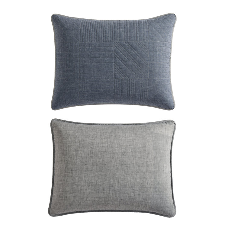 Casual Comfort King Cotton Quilt Set in Washed Denim Blue with Reversible Chrome Gray