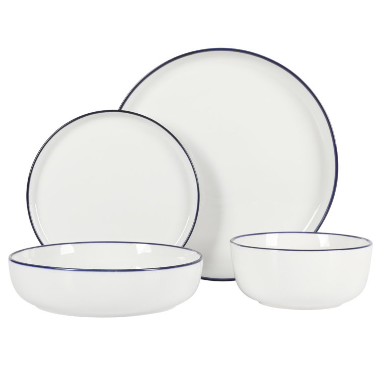 Oslo White Porcelain Dinnerware Set with Blue Rim, Service for 4