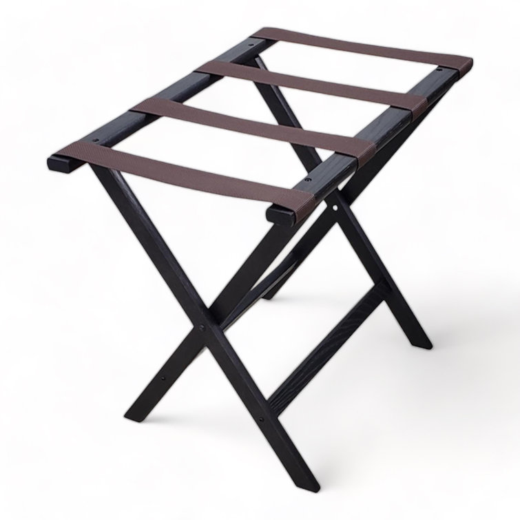 Black Oak Folding Luggage Rack with Brown Straps