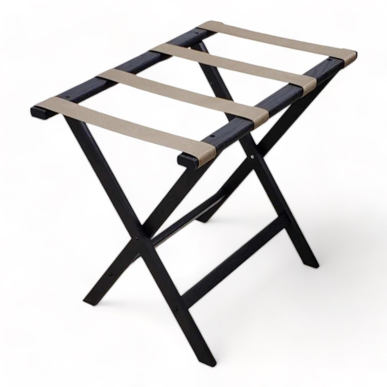 Black Oak Folding Luggage Rack with Brown Straps