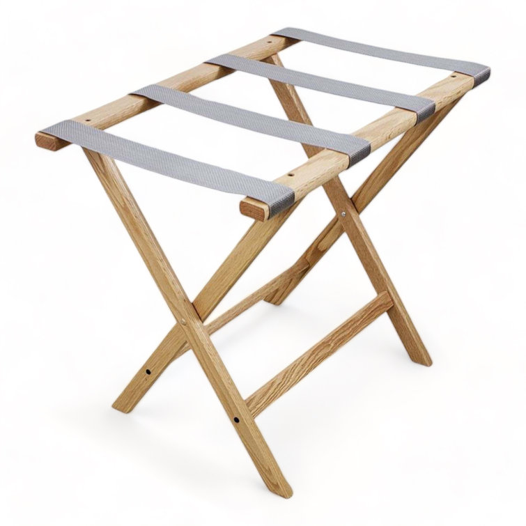 Light Oak Folding Luggage Rack with Gray Straps