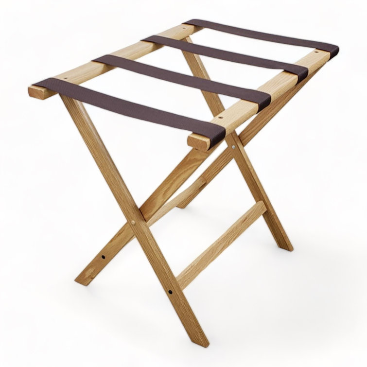 Light Oak Folding Luggage Rack with Brown Straps