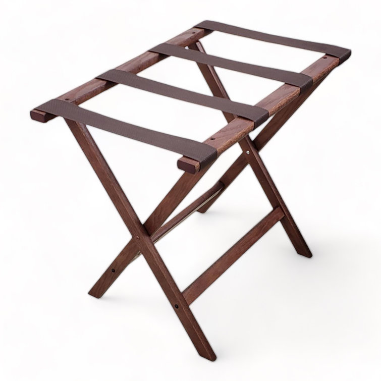Mahogany Folding Solid Wood Luggage Rack with Brown Polyester Straps