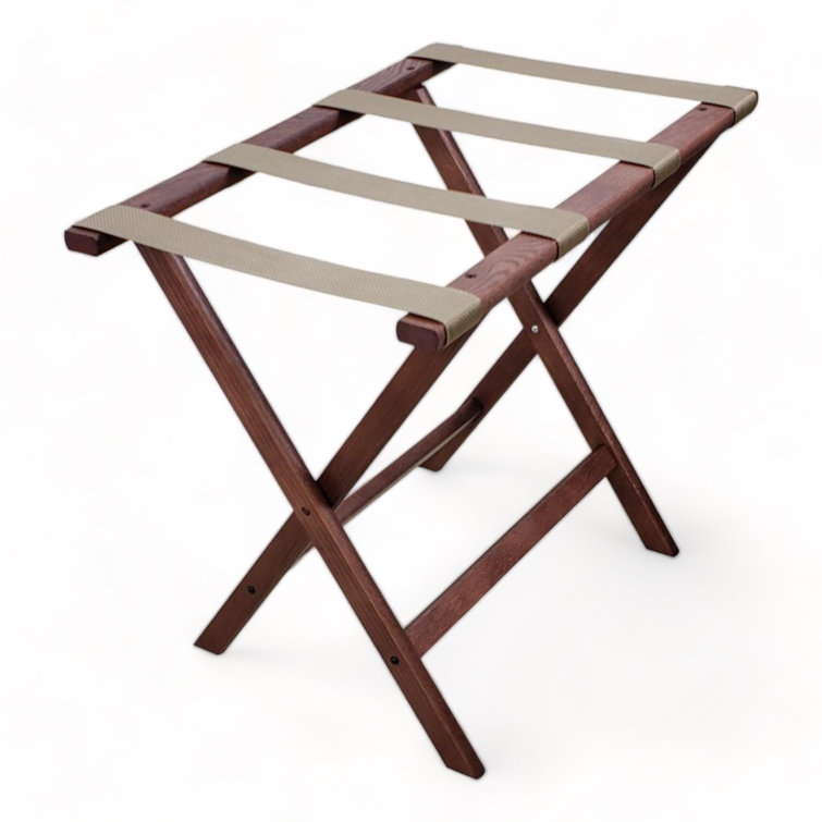 Mahogany Folding Solid Wood Luggage Rack with Brown Polyester Straps
