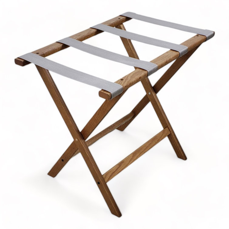 Light Oak Folding Luggage Rack with Gray Straps