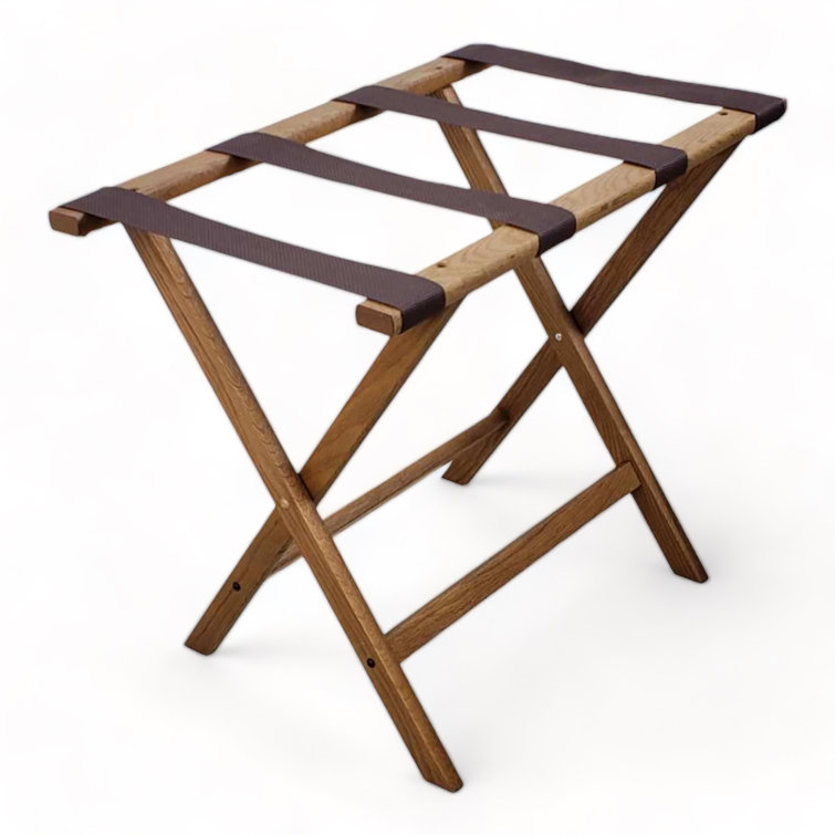 Mahogany Folding Solid Wood Luggage Rack with Brown Polyester Straps