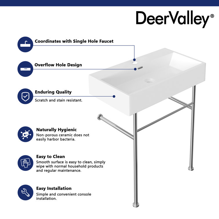 Rectangular 30 Inch White Ceramic Console Sink with Silver Legs