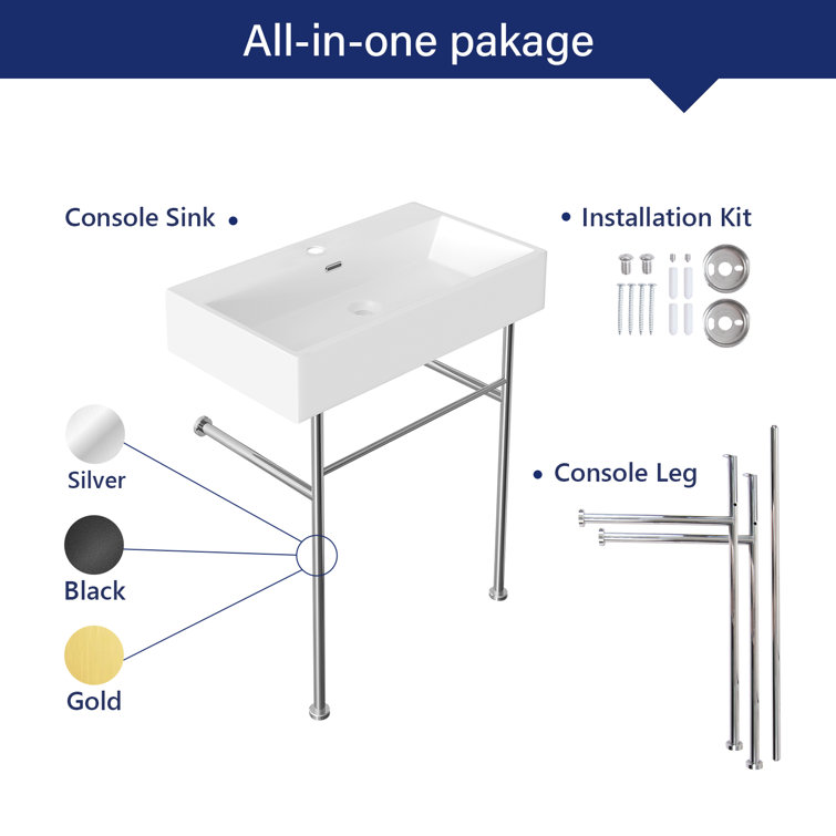 Rectangular 30 Inch White Ceramic Console Sink with Silver Legs