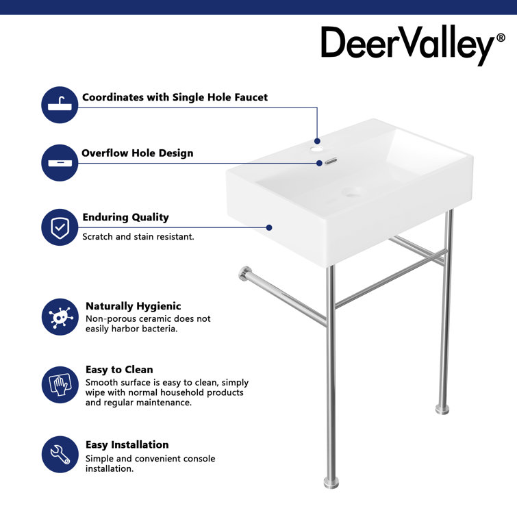 White Ceramic Rectangular Wall-Mount Console Sink with Stainless Steel Legs