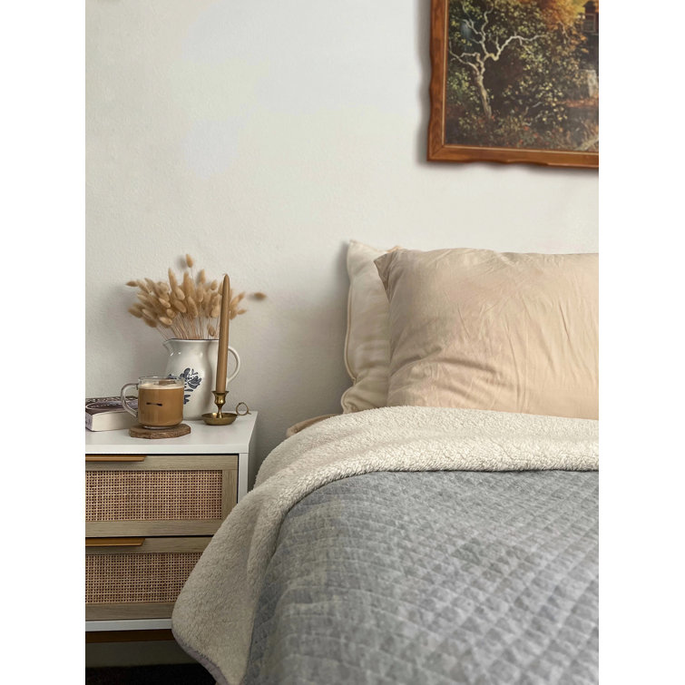 White and Gold Rattan 2-Drawer End Table with Metal Legs