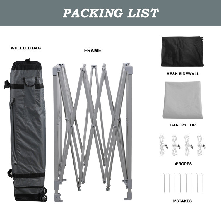 Gray 12 Ft Iron Pop-Up Canopy with Mesh Sidewalls and Roller Bag