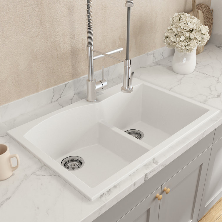 Milk White 33'' Granite Composite Double Bowl Kitchen Sink