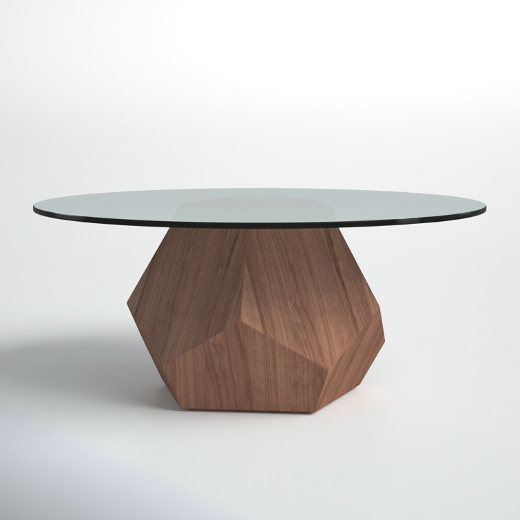 Round Smoked Glass Coffee Table with Walnut Pedestal Base