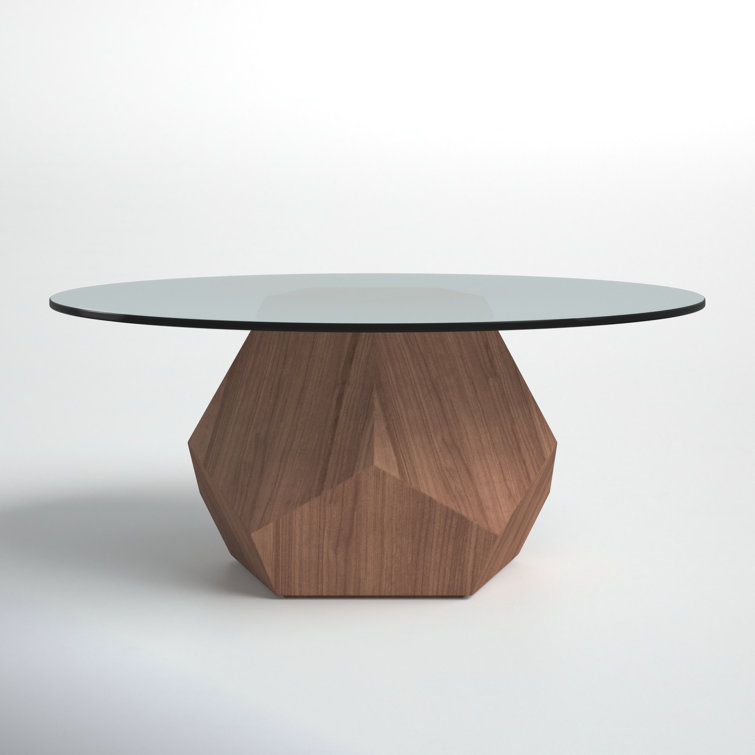 Round Smoked Glass Coffee Table with Walnut Pedestal Base
