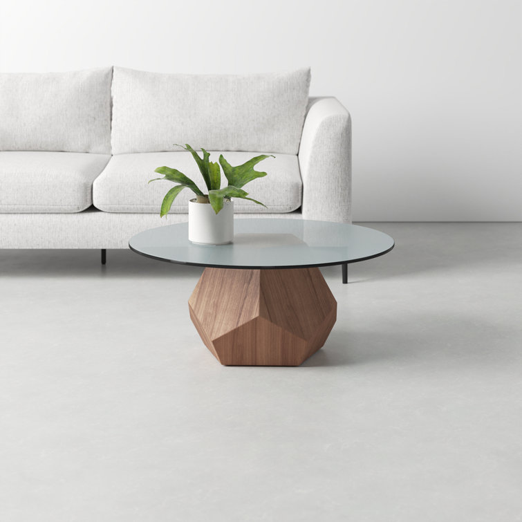 Round Smoked Glass Coffee Table with Walnut Pedestal Base