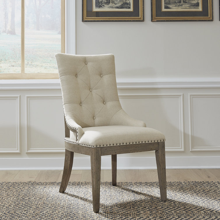 Beige Tufted Linen Upholstered Side Chair with Wood Frame