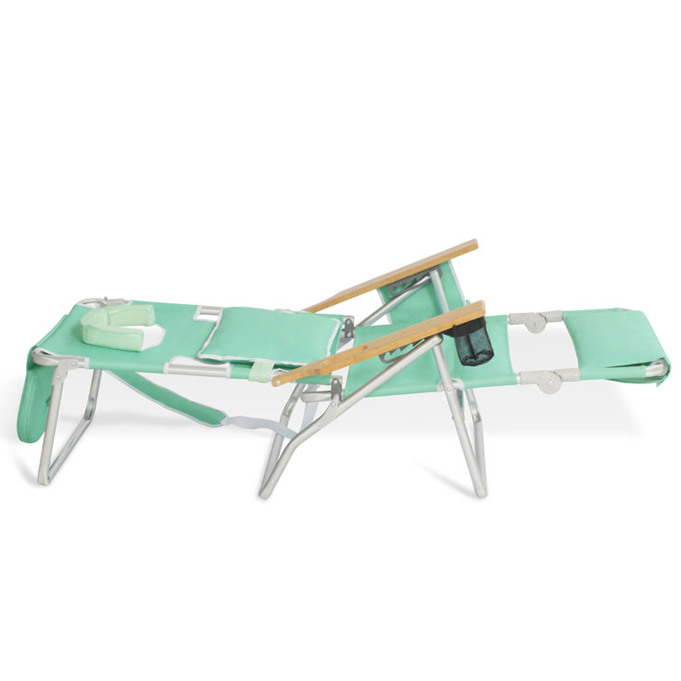 Teal Padded Folding Beach Lounger with Wooden Armrests, Set of 3