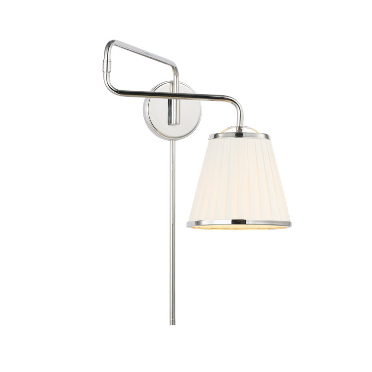 Polished Nickel Swing Arm Sconce with White Linen Shade