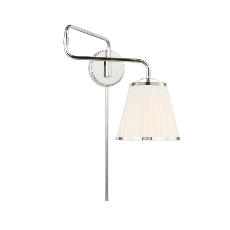 Polished Nickel Swing Arm Sconce with White Linen Shade