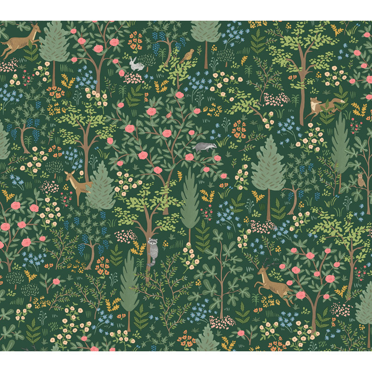 Emerald Green Multicolor Vinyl Peel and Stick Woodland Wallpaper