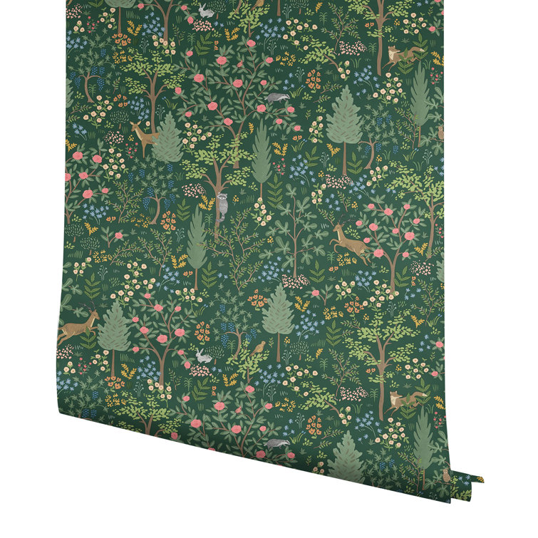 Emerald Green Multicolor Vinyl Peel and Stick Woodland Wallpaper
