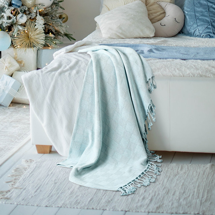 Light Blue Organic Cotton Fringe Throw Blanket 60" x 50"