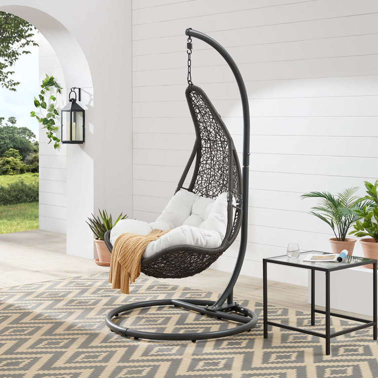 Gray White Wicker Rattan Outdoor Hanging Chair with Cushions