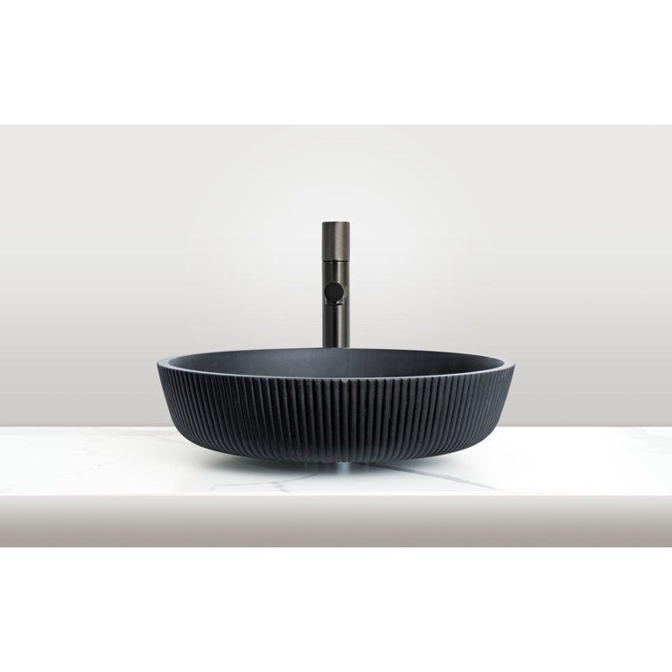 Matte Black Striped Tempered Glass Circular Vessel Sink 16.54"