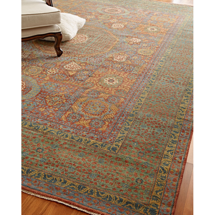 Hand-Knotted Green and Rust Wool 8' x 10' Area Rug