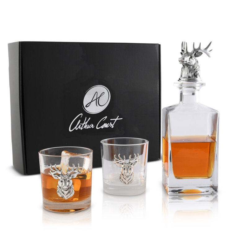 Elk Head Glass Decanter Set with Metal Accents