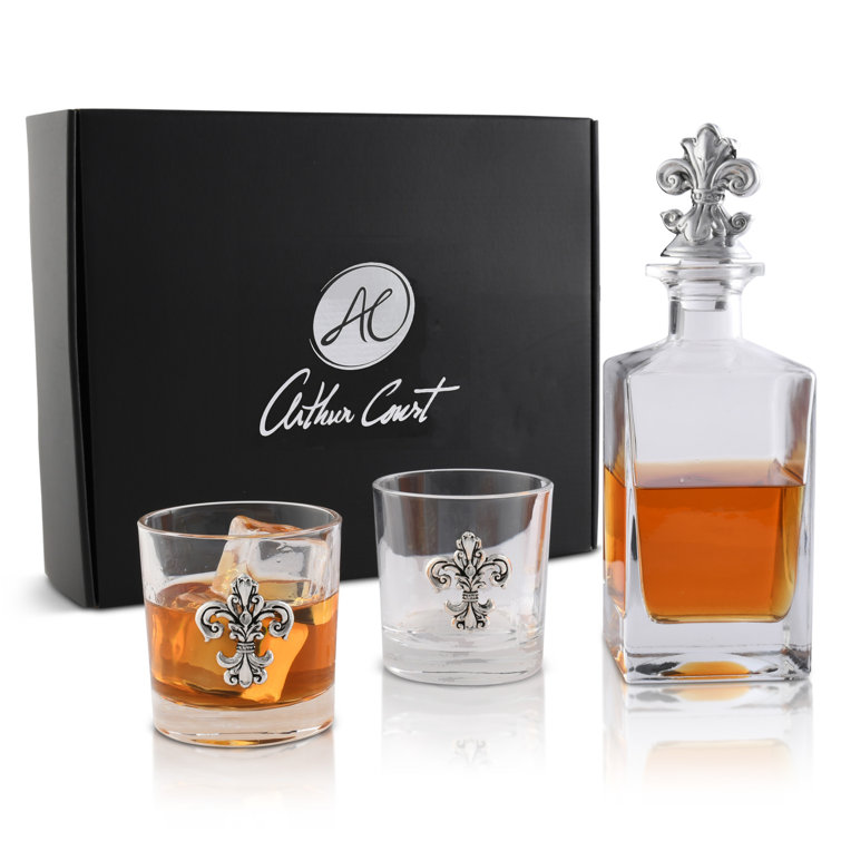 Fleur-de-lis Glass Decanter Set with Metal Accents