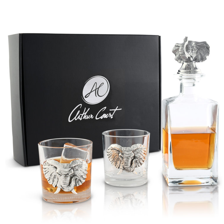 Elephant Head Glass Whiskey Decanter Set with Metal Accents