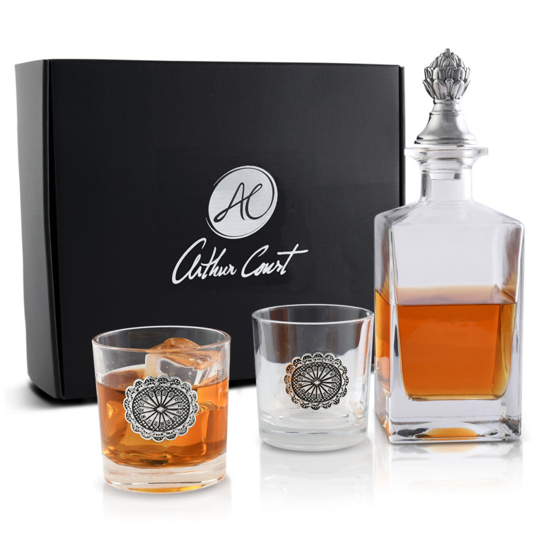 Western Concho Glass Whiskey Decanter Set with Metal Accents