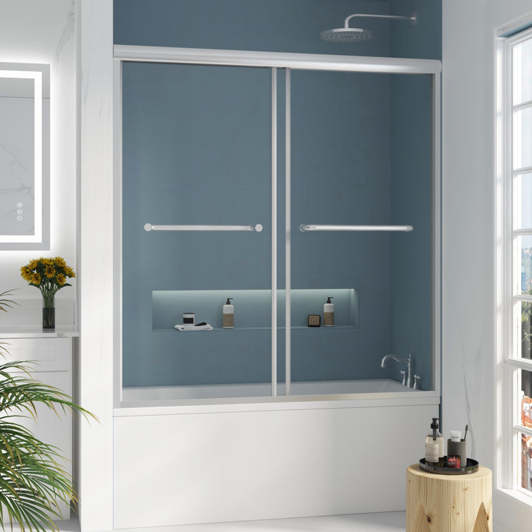 Nickel Framed Double Sliding Tub Door with Clear Tempered Glass