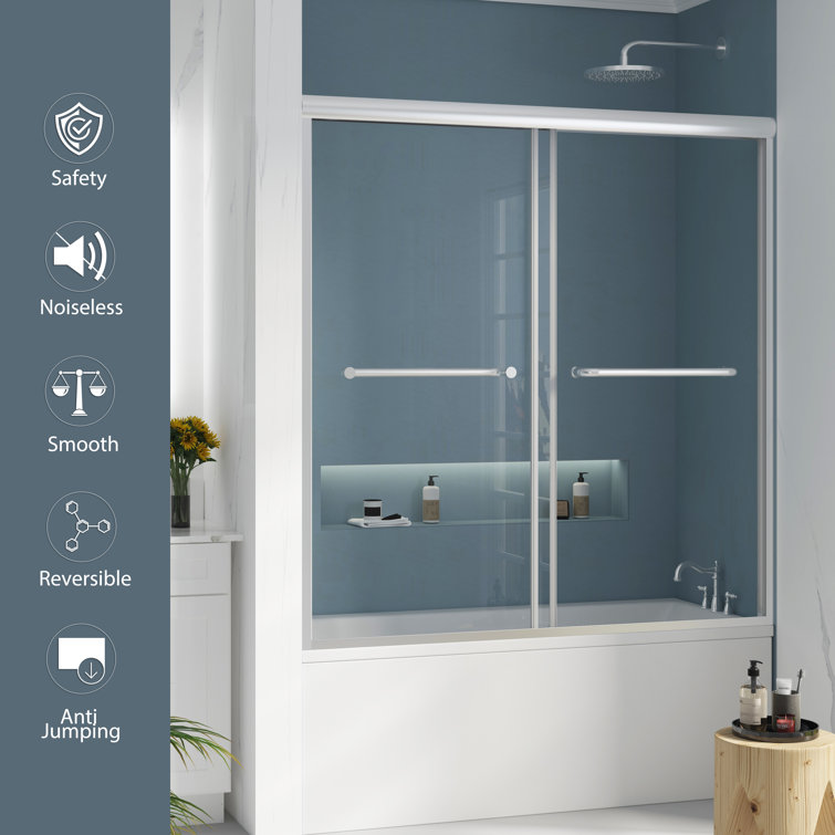 Nickel Framed Double Sliding Tub Door with Clear Tempered Glass