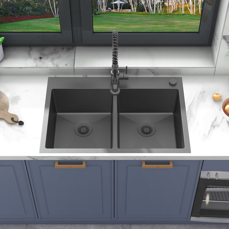 33'' Black Stainless Steel Double Bowl Drop-In Kitchen Sink