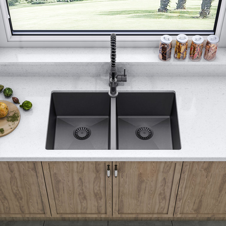 Sinber 32" Black Stainless Steel Double Bowl Drop-in Kitchen Sink