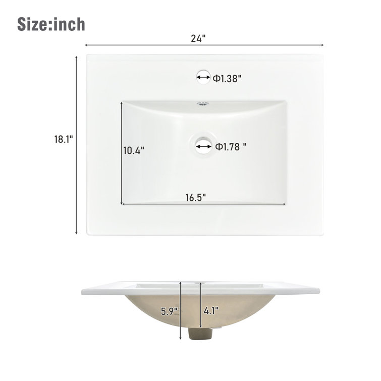 24'' White Ceramic Rectangular Single Vanity Top Sink