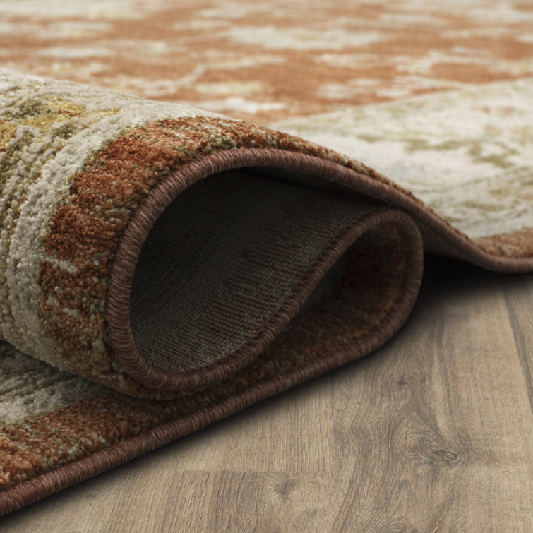 Iznik Rust and Gray Synthetic Runner Rug with Vintage Fringed Trim