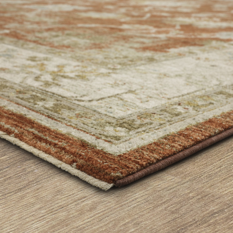 Iznik Rust and Gray Synthetic Runner Rug with Vintage Fringed Trim