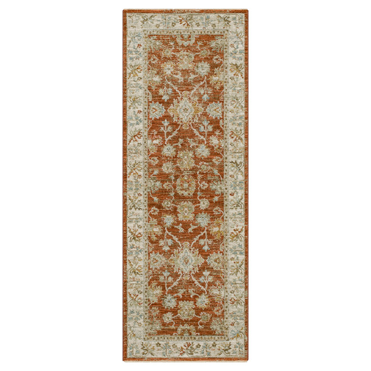 Iznik Rust and Gray Synthetic Runner Rug with Vintage Fringed Trim