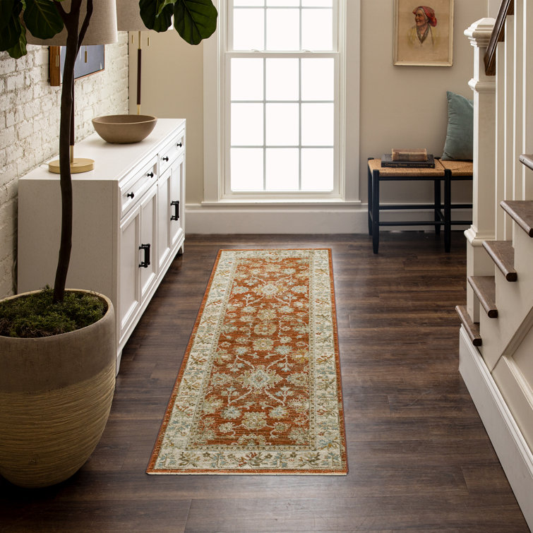 Iznik Rust and Gray Synthetic Runner Rug with Vintage Fringed Trim