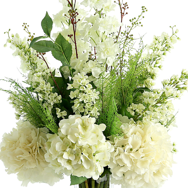 Tall Glass Vase with White Hydrangea and Fern Artificial Floral Arrangement