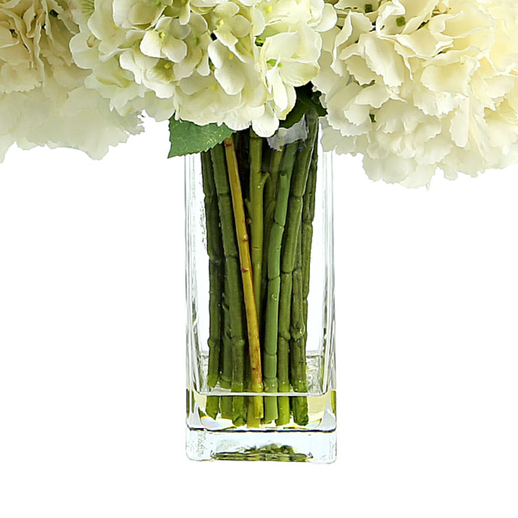 Tall Glass Vase with White Hydrangea and Fern Artificial Floral Arrangement