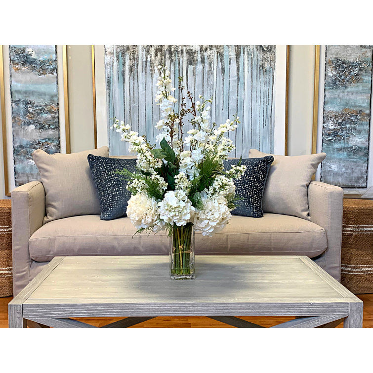 Tall Glass Vase with White Hydrangea and Fern Artificial Floral Arrangement