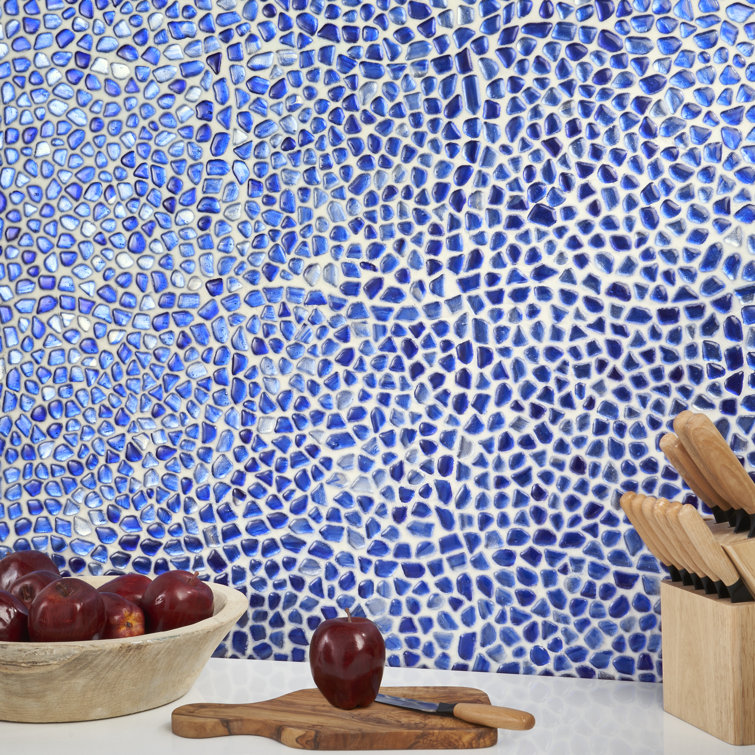 Apollo Pebble 12-in x 12-in Polished Blue Glass Mosaic Wall Tile
